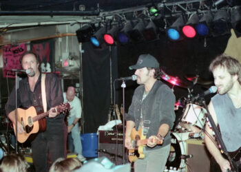 Bruce Springsteen joins Pittsburgh rockers Joe Grushecky, left, and The Houserockers for a guest performance at the Stone Pony music club in Asbury Park, N.J., on October 17, 1995. Springsteen was helping to promote Grushecky's new album "American Babylon."