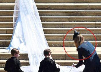 One particularly resounding absence was Meghan's Maid of Honour - traditionally a bride's most trusted confidante. Instead, it was the designer of Meghan's Audrey Hepburn-inspired floor-length gown, Clare Waight Keller, that 'stepped in' to assist her (pictured right)