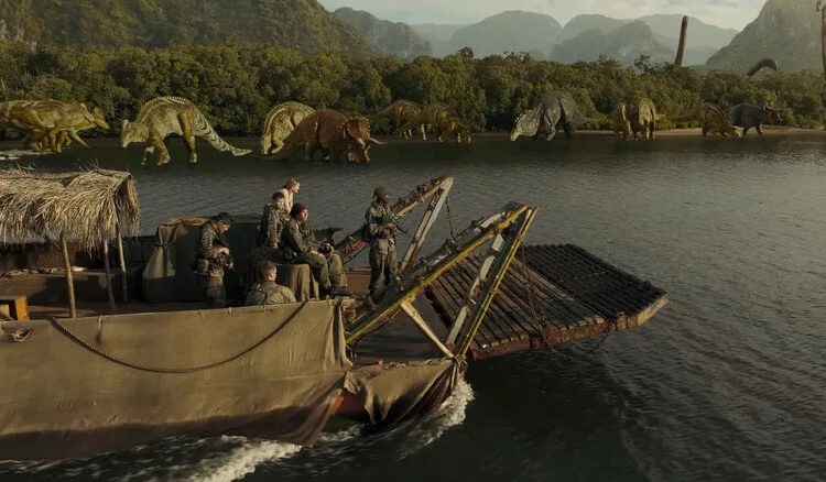 The team on the boat looking at various dinosaurs on the shore in Primitive War