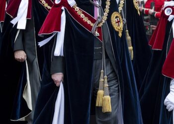 Prince Andrew at the Order of the Garter service in 2019 outside St George's Chapel in Windsor