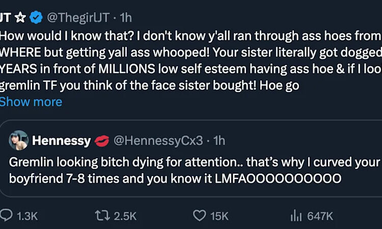 A tweet exchange between JT and Hennessy, featuring a heated argument with strong language and personal insults.