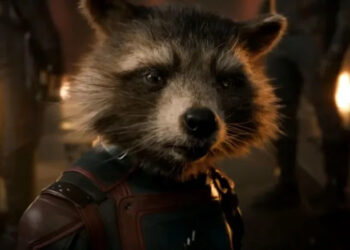 Rocket Raccoon in Guardians of the Galaxy Vol. 3 surrounded by fire