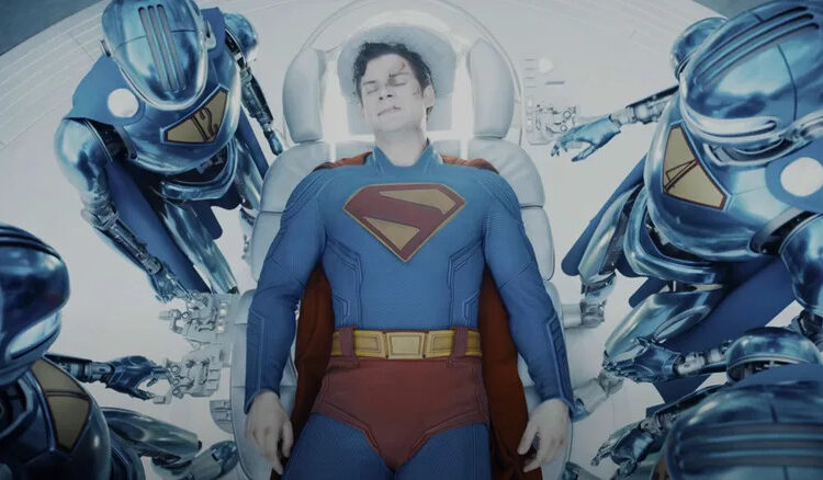 David Corenswet as Superman lays on a stretcher in the Fortress of Solitude in Superman