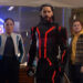 Ares (Jared Leto, center) gets an assist in the real world from ENCOM CEO Eve Kim (Greta Lee) and her assistant Seth (Arturo Castro) in "Tron: Ares."
