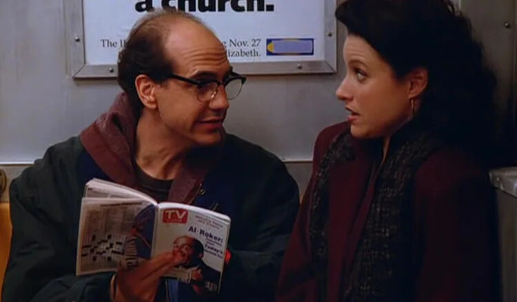 Ricky reading a TV Guide to Elaine on a subway on Seinfeld