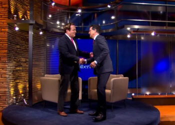 KOIN 6 News anchor Jeff Gianola talked with Stephen Colbert, September 4, 2015 (KOIN)