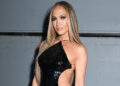 Jennifer Lopez in a black dress with cutouts at the 2025 American Music Awards in May.