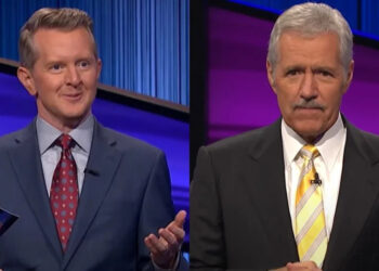 Ken Jennings and Alex Trebek on Jeopardy!.