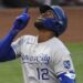 Jun 7, 2021; Anaheim, California, USA; Kansas City Royals designated hitter Jorge Soler (12) points up after hitting a solo home run during the second inning against the Los Angeles Angels at Angel Stadium. Mandatory Credit: Kelvin Kuo-Imagn Images