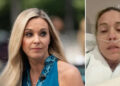 Split photo of Kate Gosselin looking directly at the camera in a media interview wearing a blue dress and lying in a hospital bed wearing a nasal cannula for oxygen support.