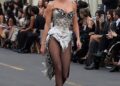 Jenner donned the sparkling silver, corset bodysuit with tasseled details and fabric that fell down behind her