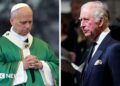 Composite image of Pope Leo, in a pose of prayer with hands clasped while wearing green and white vestments, and King Charles standing in a dark blue suit, white shirt and dark tie