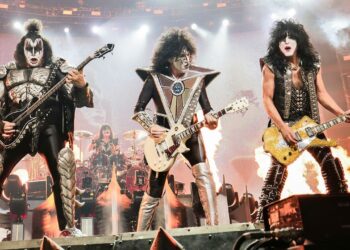 Gene Simmons, left, Tommy Thayer and Paul Stanley of KISS perform during the final night of the "Kiss Farewell Tour" on Dec. 2, 2023, at Madison Square Garden in New York. (Photo by Evan Agostini/Invision/AP)