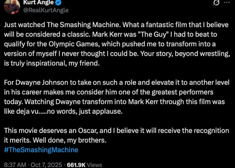 Tweet by Kurt Angle praising
