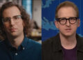 Kyle Mooney in "A New Kyle" sketch/James Austin Johnson on Weekend Update for SNL.