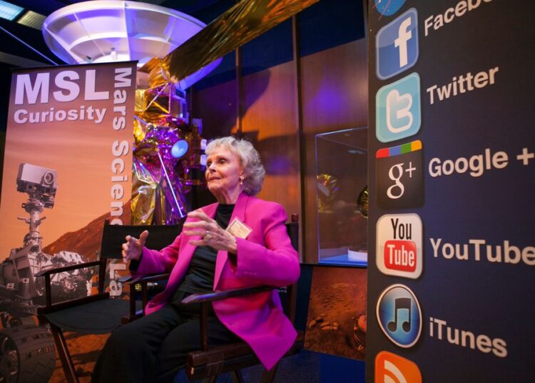 Actress June Lockhart addresses bloggers at Nasa’s social media event at the Jet Propulsion Laboratory in Pasadena, California (Damian Dovarganes/AP)