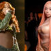 Cardi B performing with a mic, wearing a green jacket. Ice Spice posing in a sheer outfit with long pink hair.