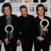 Zayn Malik, Harry Styles, Liam Payne, Louis Tomlinson and Niall Horan of One Direction, winners of the British Video and Global Success BRIT awards, pose in the winners' room at The BRIT Awards 2014 at 02 Arena on February 19, 2014 in London, England.
