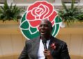 Basketball Hall of Famer Earvin "Magic" Johnson speaks after he was introduced as the grand marshal for the 137th Rose Parade, Wednesday, Oct. 8, 2025, in Pasadena, Calif. (AP Photo/Damian Dovarganes)