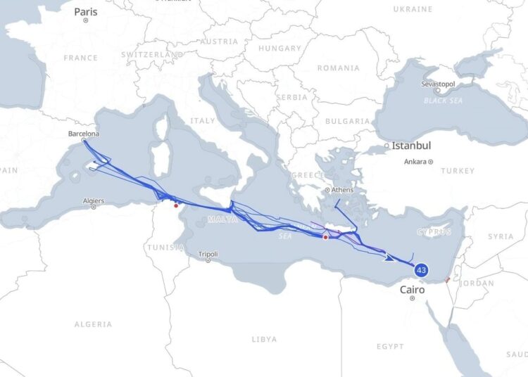 A screengrab of a tracker on the Global Sumud Flotilla’s website showing the convoy’s progress towards Gaza as of Wednesday. Image: Global Sumud Flotilla