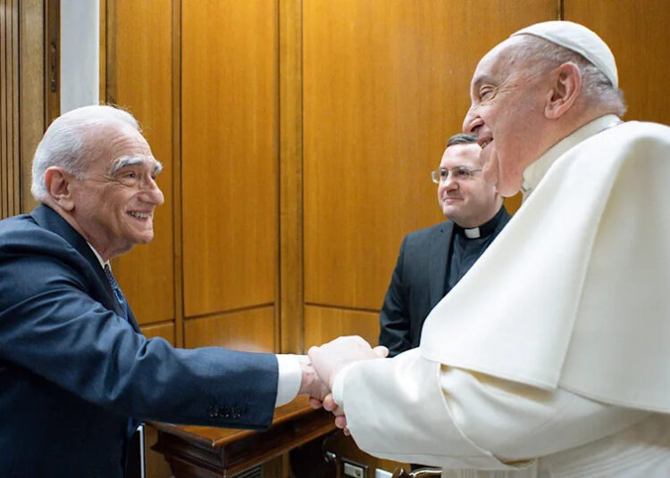 Pope Francis greets Martin Scorsese