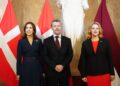 King Frederik X of Denmark and Queen Mary of Denmark pose with Latvia's Prime Minister Evika Silina during their visit in Riga on October 28, 2025.
