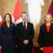 King Frederik X of Denmark and Queen Mary of Denmark pose with Latvia's Prime Minister Evika Silina during their visit in Riga on October 28, 2025.