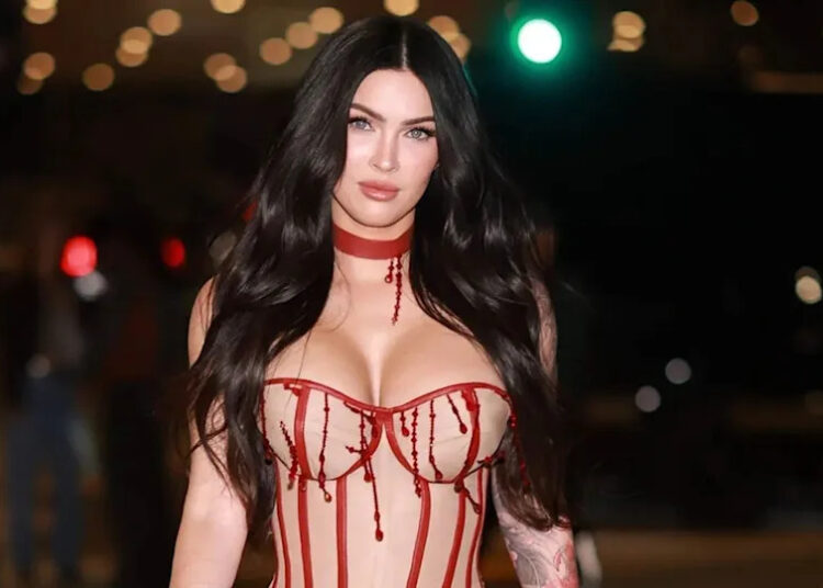 A close-up of Megan Fox in her blood dripping corset gown