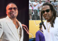 Nas in a white suit performing, and Jay-Z wearing a white shirt and sunglasses at an outdoor event.