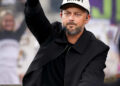 Comedian Nate Bargatze makes his picks during ESPN "College GameDay" at Wyatt Lawn on the campus of Vanderbilt University in Nashville, Tenn., Saturday, Oct. 25, 2025, before Vanderbilt hosts Missouri.