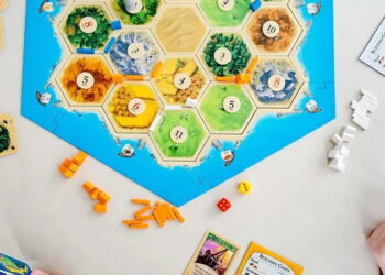 An overhead shot of the Catan game board