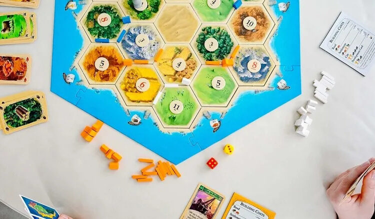 An overhead shot of the Catan game board