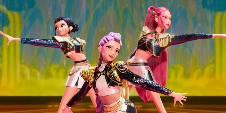 This image released by Netflix shows characters Zoey, from left, Rumi and Mira in a scene from "KPop Demon Hunters." (Netflix via AP)