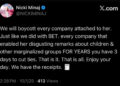 Tweet by Nicki Minaj stating a boycott against companies associated with a person for offensive remarks.
