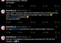 Nicki Minaj tweets referencing Taylor, discussing lashing sprees, and using hashtags like #Cancelled and #WOOD.