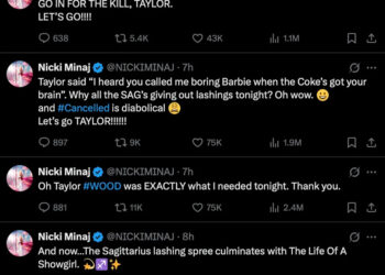 Nicki Minaj tweets referencing Taylor, discussing lashing sprees, and using hashtags like #Cancelled and #WOOD.