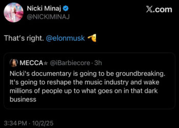 Tweet by Nicki Minaj mentioning Elon Musk, discussing a documentary reshaping the music industry.