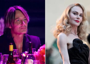 Keith Urban sits at purple table, Nicole Kidman walks runway
