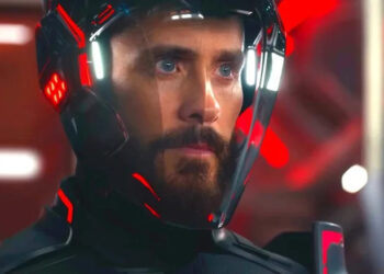 Jared Leto as Ares with his helmet on in Tron: Ares