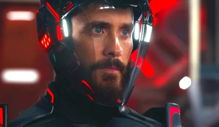 Jared Leto as Ares with his helmet on in Tron: Ares