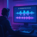 A person wearing headphones sits at a desk in a neon-lit studio, looking at a computer monitor displaying AI GENERATED MUSIC and audio waveforms. They are interacting with a MIDI keyboard.