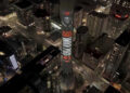 Sky Tower in Auckland with a projection of Ozzy Osbourne.
