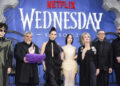 Isaac Ordonez, Luis Guzman, Catherine Zeta-Jones, Jenna Ortega, Joanna Lumley, Fred Armisen and Victor Dorobantu pose at the premiere of 'Wednesday' in July 2025 in LA.