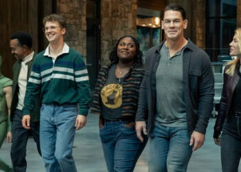 Nhut Le as Judomaster, Tim Meadows as Langston Fleury, Freddie Stroma as Vigilante, Danielle Brooks as Leota Adebayo, John Cena as Peacemaker, and Jennifer Holland as Emilia Harcourt walking in their new office together on Peacemaker