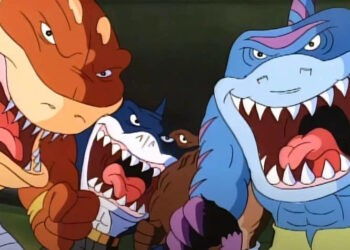 Animated dinosaur-like creatures with fierce expressions roar energetically, displaying sharp teeth
