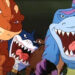 Animated dinosaur-like creatures with fierce expressions roar energetically, displaying sharp teeth