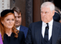 Sarah Ferguson and Prince Andrew wearing black clothing at the Duchess of Kent's funeral