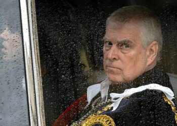 Prince Andrew in ceremonial clothes looks out a rainy window