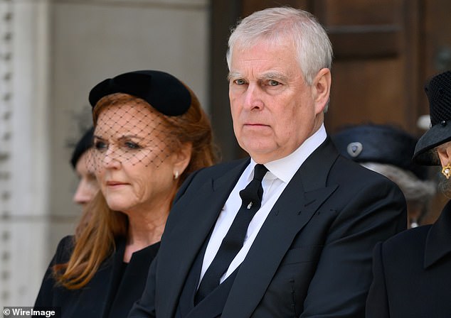 Andrew and Sarah at Westminster Cathedral last month after the Duchess of Kent's funeral