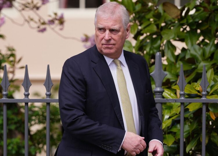 Prince Andrew looks round as he leaves after attending the Easter Matins Service at St. George's Chapel, Windsor Castle, England, Sunday, April 20, 2025. (AP Photo/Kirsty Wigglesworth, Pool)